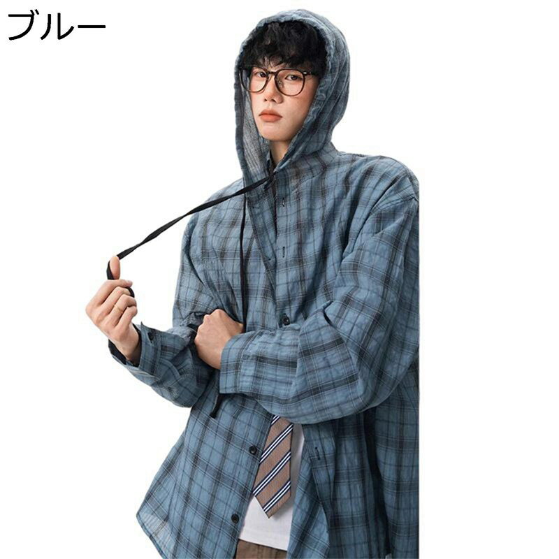 メンズ チェック 長袖 フード付き ネルシャツ 薄手 ボタンダウン 秋服 開襟 大きいサイズ 柔らかい 男女兼用 耐摩耗 ワークシャツ レギュラーフィット 通気 モード系 hiphop 原宿系