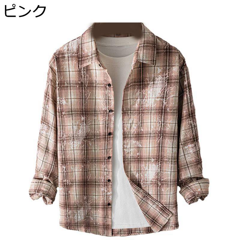 メンズ チェック 長袖 ネル シャツ ボタンダウン タイダイ染 春秋 開襟 ビックシルエット 柔らかい 耐摩耗 ワークシャツ スタンドカラー モード系 おしゃれ お揃い 通勤 部屋着 旅行