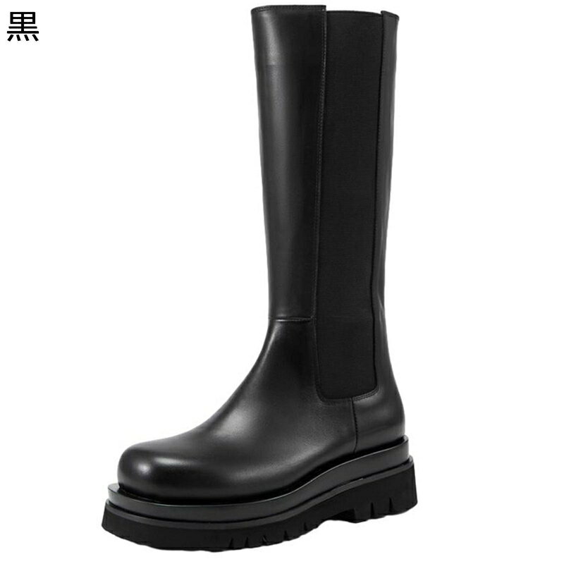 チェルシーブーツ レディース メンズ 長筒ブーツ 美脚 厚底 身長アップ 膝下丈 ミドル丈 サイドゴア 牛革靴 ハイカット 長靴 スリッポン 無地 春夏秋冬 着...