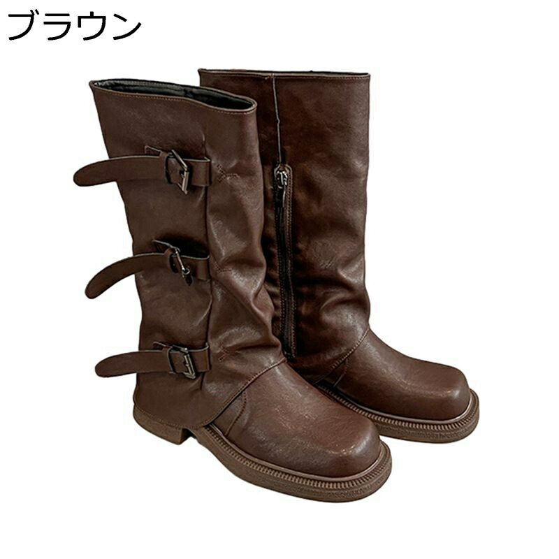 ジョッキーブーツ ラウンドトゥ ベルト ロングブーツ レディース レザー 厚底 無地 膝丈 防寒 防水 コンフォート エレガント 秋冬 お出かけ オートバイ トラベル 衝撃吸収 耐久性 卒業式
