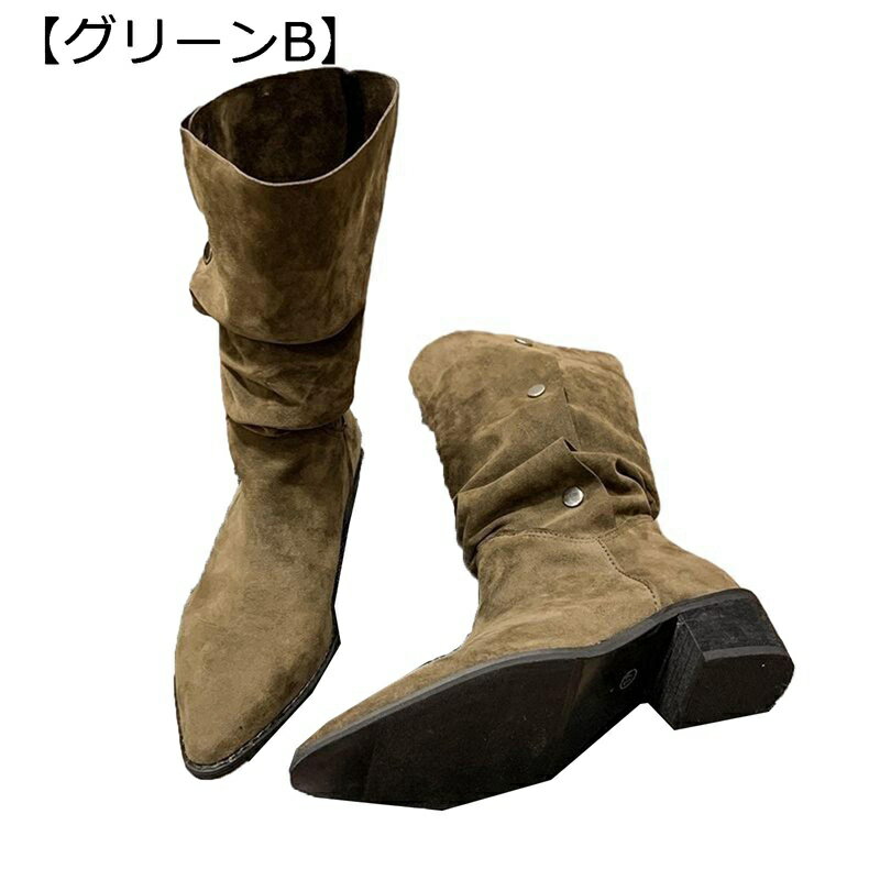 レディース ジョッキーブーツ ミドルブーツ 美脚 フェイクスエード ポインテッドトゥ 柔らかい 防寒 安定感 デイリー チャンキーヒール 身長アップ 冬用 通勤 通学 イベント エレガント