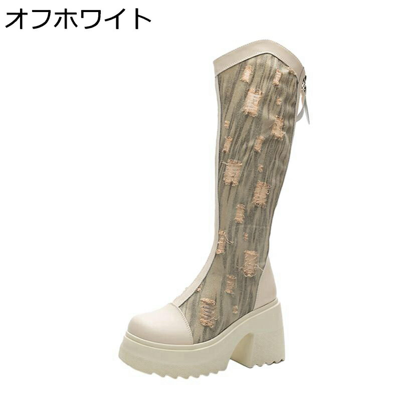 レディース ジョッキーブーツ ミドルブーツ 美脚 レザー 厚底 バイカラー 丈夫 デニム切り替え 牛革 防寒 耐磨耗 デイリー 身長アップ チャンキーヒール 冬用 お出かけ トラベル エレガント