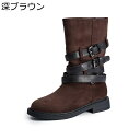 レディース ミドルブーツ ウェスタンブーツ 裏地パイル 牛革 防寒 美脚 ベルト飾り ポインテッドトゥ ファッション チャンキーヒール カジュアル 韓国風 シンプル オートバイ トラベル 秋靴