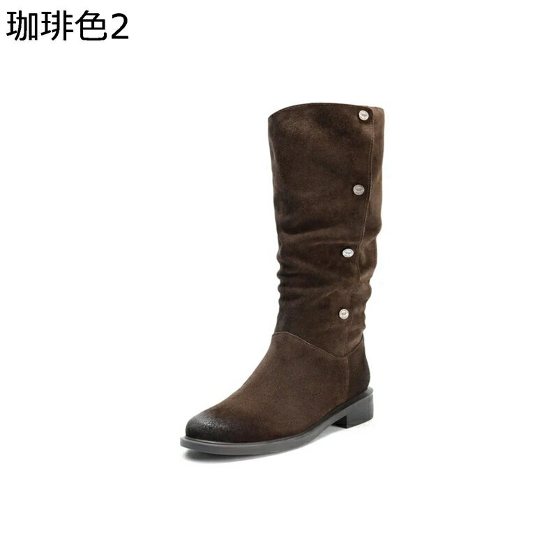 ジョッキーブーツ レディース ミドルブーツ 身長アップ 本革 折り返し 無地 フラット ラウンドトゥ 柔..