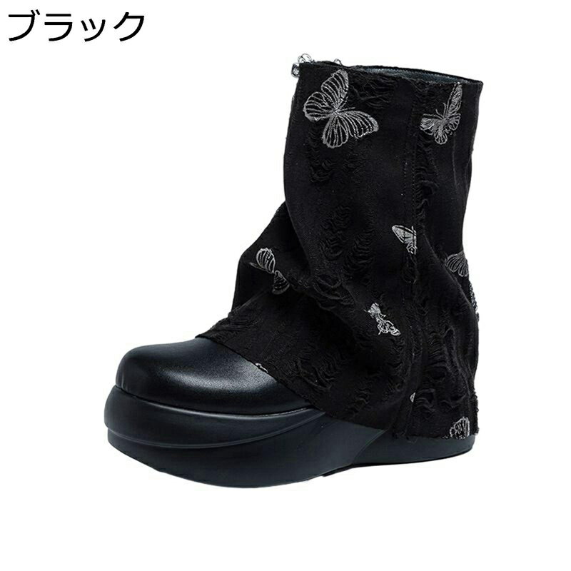 レディース 乗馬ブーツ ミドルブーツ 美脚 レザー 暖かい PU 防滑 デニム切り替え 厚底 耐磨耗 デイリー チャンキーヒール ラウンドトゥ 身長アップ 冬用 通勤 通学 イベント ヴィンテージ