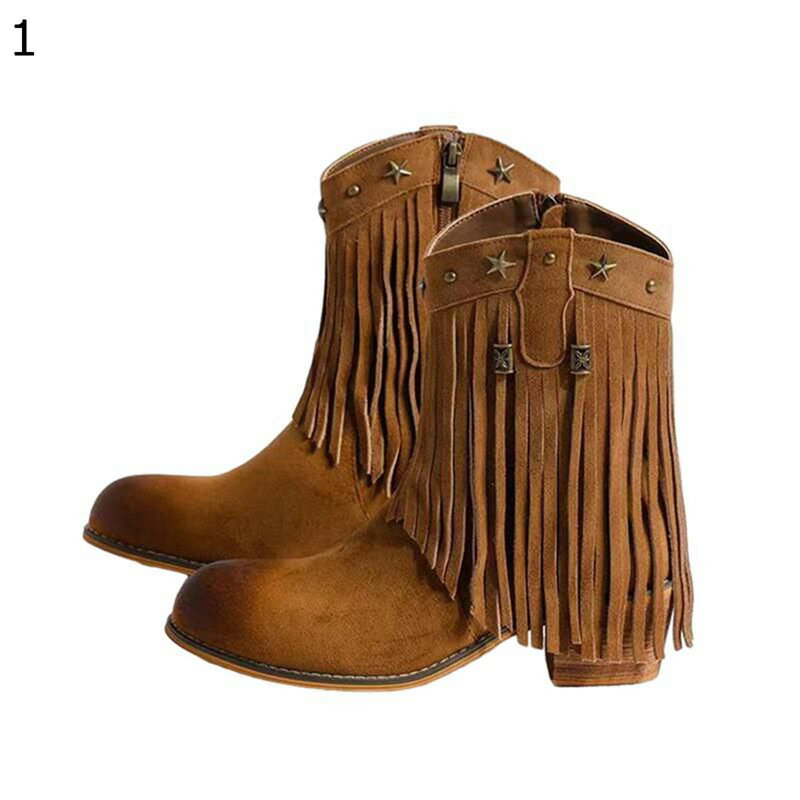 レディース ジョッキーブーツ ミドルブーツ 美脚 フェイクスエード タッセル 柔らかい 防寒 安定感 デイリー ラウンドトゥ 身長アップ チャンキーヒール 春秋冬 お出かけ トラベル レトロ調