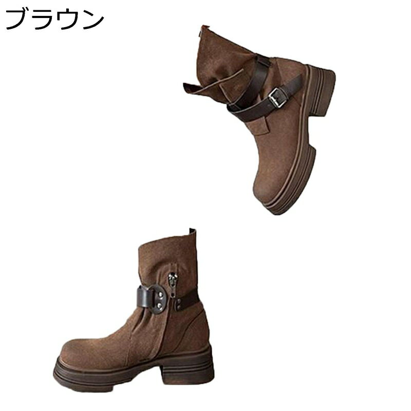 レディース ジョッキーブーツ ミドルブーツ ゆったり レザー 丈夫 防寒 耐磨耗 スエード 厚底 ラウンドトゥ デイリー チャンキーヒール 身長アップ 春秋冬 お出かけ トラベル ファッション