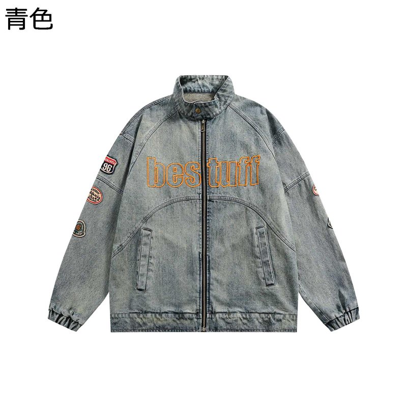 メンズ デニムジャケット ファスナー ブルゾン レディース ステンカラー 綿100 ウォッシュ加工 野球服 スタジアムジャンパー スポーツ ビンテージ調 防風防寒 スタジャン ワッペン飾り 作業着