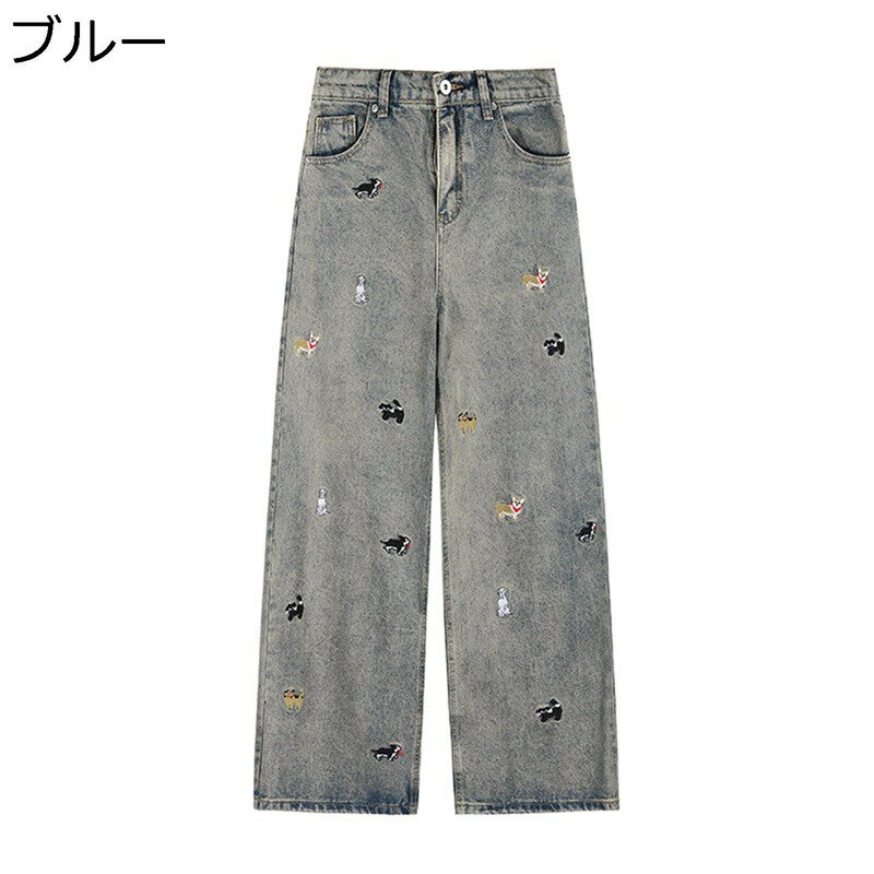 犬刺繍 デニムパンツ ストレート メンズ レディース ジーパン ワイド バギー ヴィンテージ ウォッシュ..