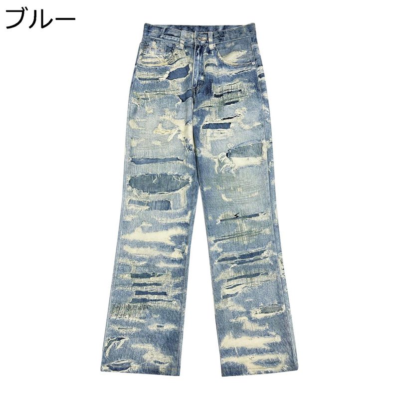 楽天kcreate春秋 デニムパンツ ダメージ メンズ ジーンズ ストレート ワイド ゆったり Gパン おしゃれ B系 デザイン性 ウォッシュ加工 ヴィンテージ ストリートモード ハイストリート カジュアル