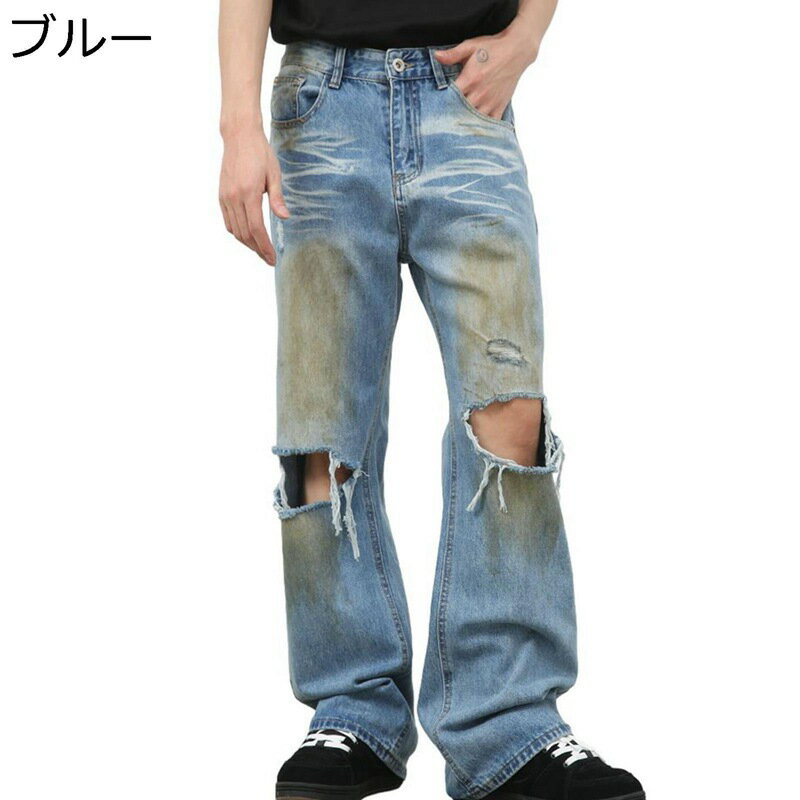 デニムパンツ シューカット ブーツカット フレアパンツ ベルボトム メンズ ダメージジーンズ デザイン性 ルーズ 大きいサイズ バギーパンツ ゆったり 男女兼用 秋冬 B系 街着 ヒップホップ