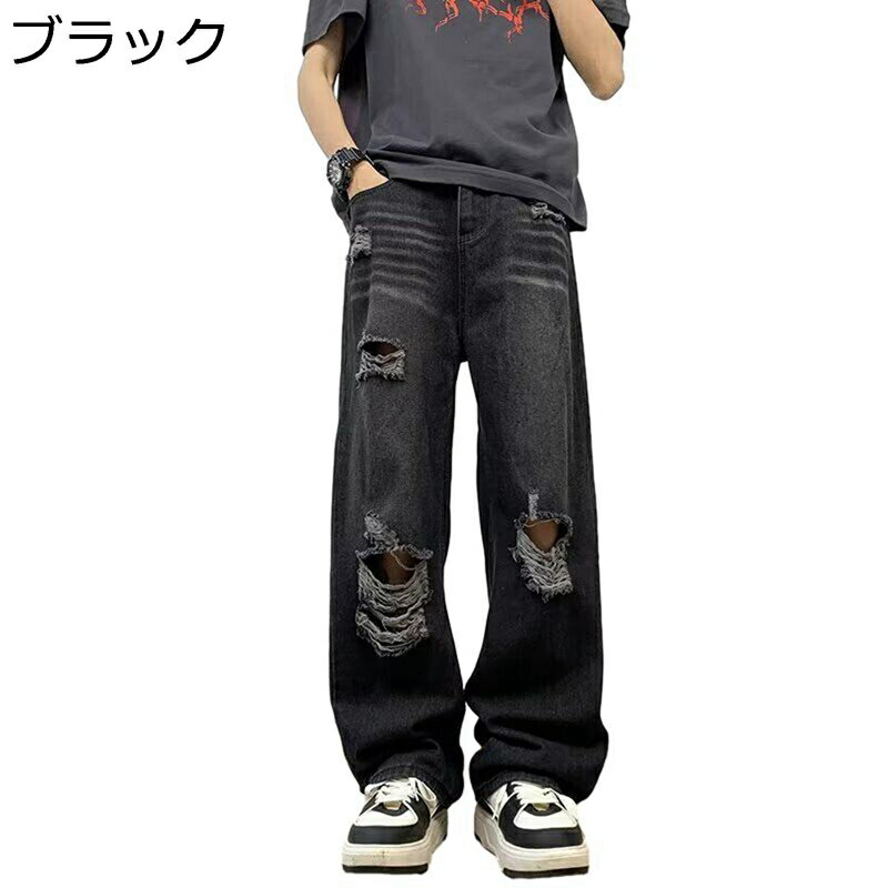 デニムパンツ ダメージ メンズ ジーパン ファション感 ストレート シューカット ブーツカット カジュアル レジャー 柔らかい ゆったり ..