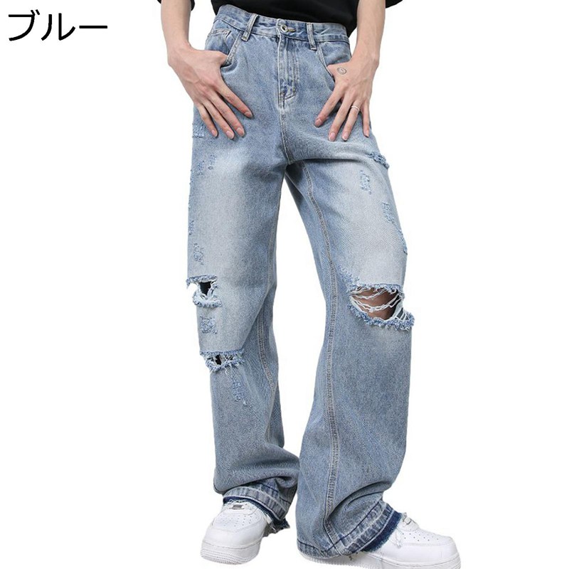 楽天kcreateダメージジーンズ メンズ ワイド デニムパンツ Gパン ストレート デザイン性 ヴィンテージ B系 ウォッシュ加工 ストリートモード ハイストリート カジュアル ロングパンツ