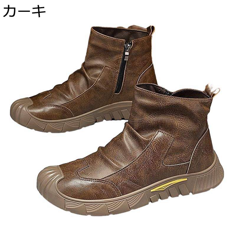 ショートブーツ メンズ サイドジップ ワークブーツ 作業 アウトドア 革靴 ハイカット つま先保護 防水 防寒 防滑 簡単脱着 春秋 冬靴 マウンテン バイクシューズ