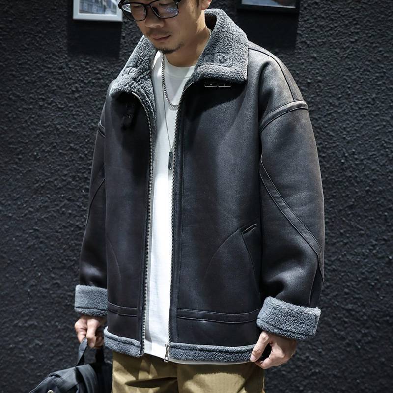 フェイクムートンジャケット 大きいサイズ 革ジャン メンズ ボア付き pu革 毛皮コート ジャンパー ブルゾン パーカー フルジップ 防寒保温 折り襟 秋用 冬物 ビンテージ ゆったり カッコイイ ア