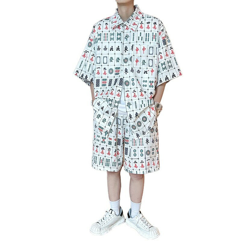 麻雀シャツ メンズ 半袖シャツ 上下セット カジュアルシャツ 韓国風 総柄 麻雀プリント ストリート サマーシャツ ゆったり ハンサム 夏用 薄手 開襟 日焼け...