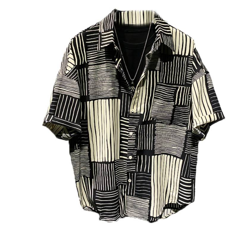カジュアルシャツ メンズ 切り替え ストライプ柄 開襟シャツ パッチワーク 半袖 開襟シャツ 夏服 折り襟 ビッグシルエット 韓国ファッション ストリート系 四季 清潔感 薄手 軽量 復古 海水浴 ク