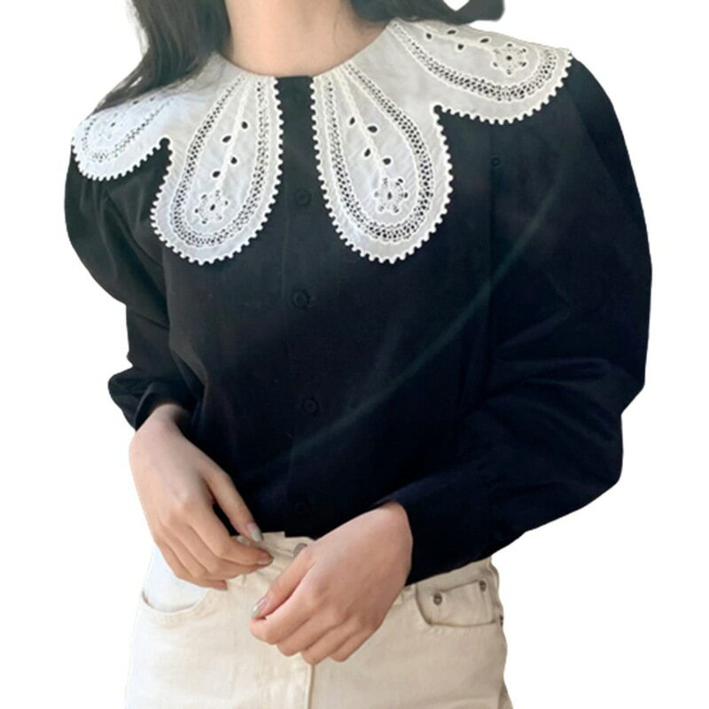 フラワー襟 ブラウス 長袖 レース ビッグカラーシャツ トップス レディース 薄手 無地 パフスリーブ 柔らか 大人可愛い フェミニン オーバーサイズ トレンド カットソー フォーマル OL お出かけ