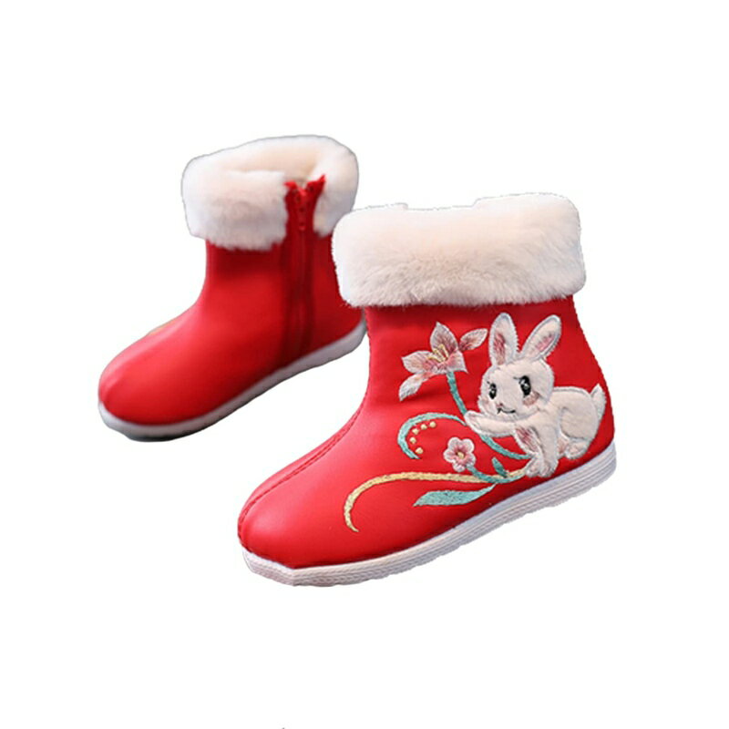 ショートブーツ 女の子 刺繍 チャイナシューズ 裏ボア スノーブーツ PU 可愛い ジュニア 大きいサイズ ミドルカット 防寒靴 着脱簡単 中華風 ジップ 滑り止め 普段履き 旅行 お出かけ フォーマ