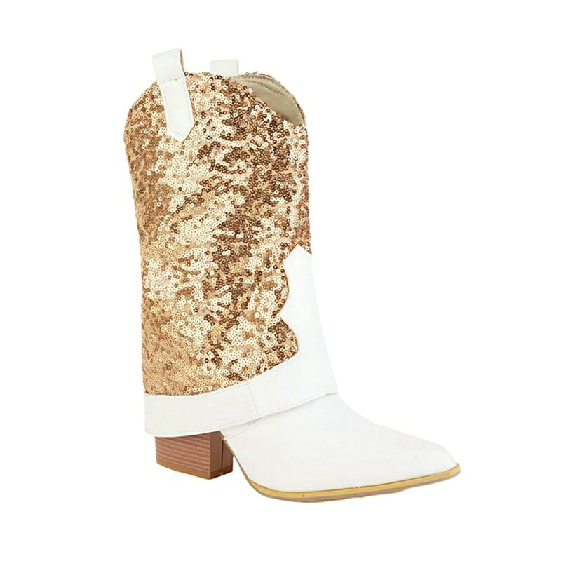 ウェスタンブーツ ミドルブーツ スパンコール レディース ロングブーツ 大きいサイズ ポインテッドトゥ..