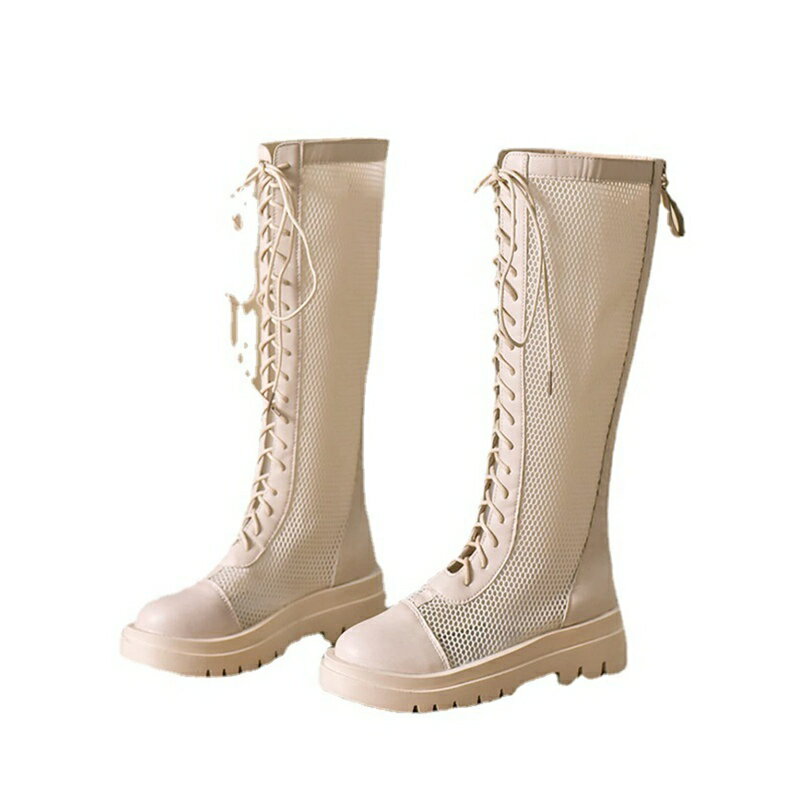 ロングブーツ 夏 レディース メッシュブーツ レースアップ サンダル インソール 身長up チャンキーヒール 厚底サンダル 通気 クッション性 ラウンドトゥ カジュアル レザー 革靴 蒸れにくい