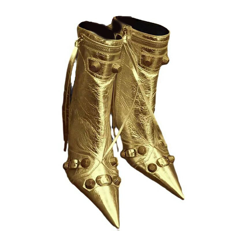 大きいサイズ ロングブーツ レディース ピンヒール ポインテッドトゥ ニーハイブーツ サイドジップ メタリック ハイヒール 8CMヒール モード系 欧米 大人 キャバ セクシー 秋冬用 クラブ