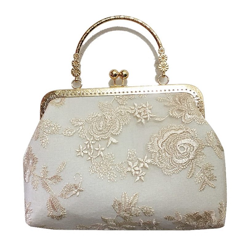 がま口ポーチ 金糸刺繍 レディース ハンドバッグ 手提げ レトロ 財布 レース ショルダーバッグ 2way 小..