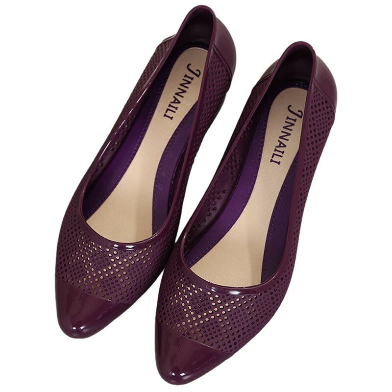 パンプス プラスチック サンダル レディース ぺたんこ チャンキーヒール ポインテッドトゥ 透かし彫り PVC 中空サンダル アウトドア 通気 晴雨兼用 ママシ...