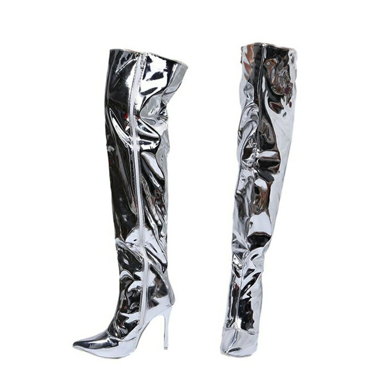 ニーハイブーツ ロングブーツ レディース PU エナメル ハイヒール ポインテッドトゥ ピンヒール セクシ..