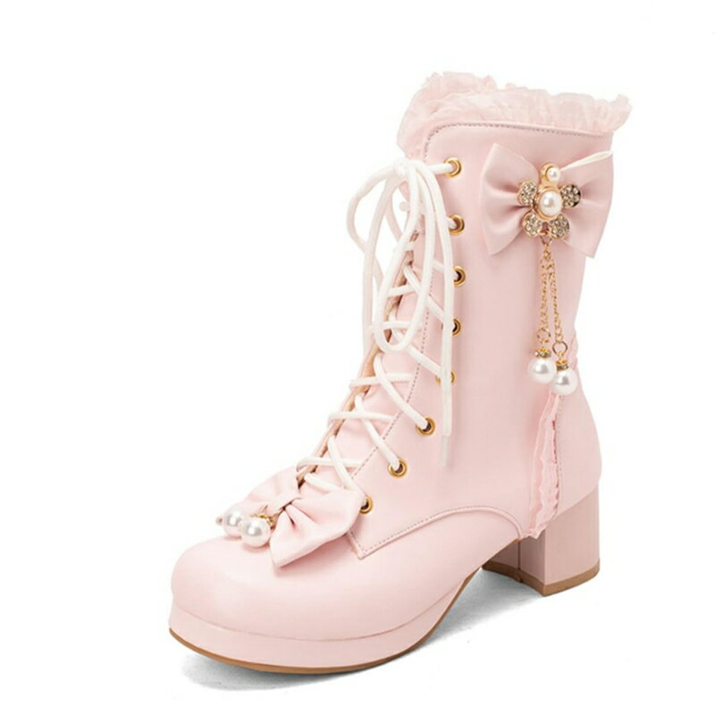 編み上げ レディース ショートブーツ ロリータ 姫系 子供用 太ヒール5cm レース フリル パール 花 リボ..