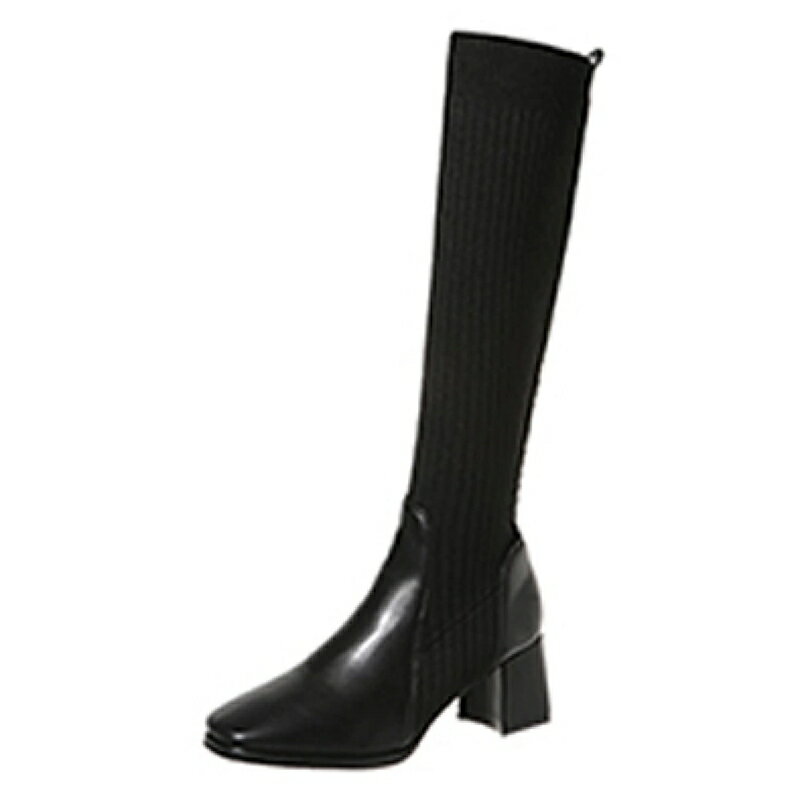 ジョッキーブーツ レディース ソックスブーツ 春秋冬 ロング丈 保温性 歩きやすい ブラック おしゃれ スクエアトウ 臭くない 発表会 スリッポン ニット 6cm オフィス 防滑 フェミニン 文化祭