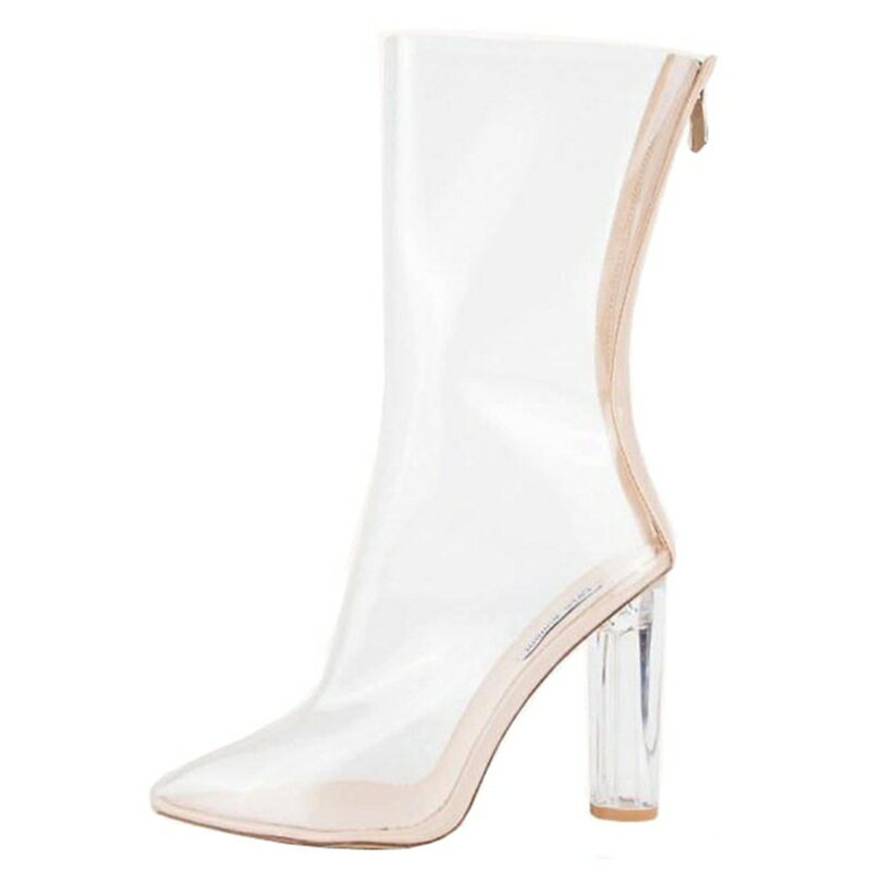 大きいサイズ サンダルブーツ レディース ポインテッドトゥ ショートブーツ クリアヒール 透明感 太めヒール 滑り止め レインブーツ バックジップ セクシー 舞台 キャットウォーク 宴会