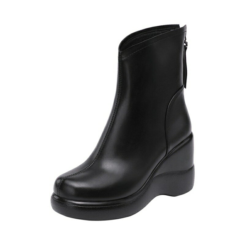 大きいサイズ ショートブーツ レディース バックジップ ウェッジソール 8cmヒール ラウンドトゥ 滑り止め エレガント 女性 婦人靴 職場 美脚 おしゃれ 履きやすい 秋冬用 普段着 艶