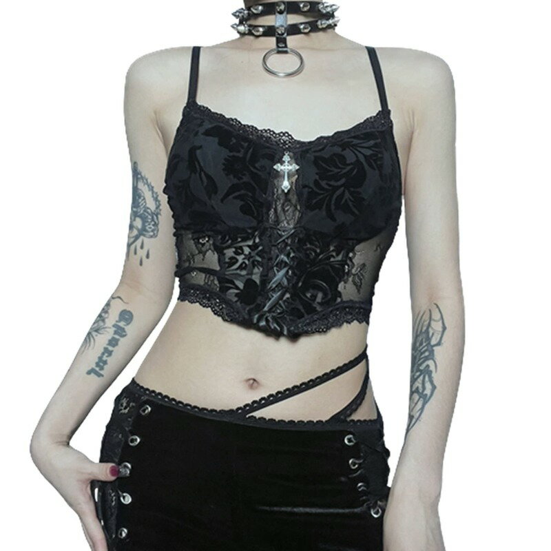 タンクトップ キャミソールトップス へそ出し ショート丈 チビシャツ ノースリーブ レース刺繍 レディース クロス 透け感 フリル 暗黒系 パンク ゴシック ゴスロリ セクシー ギャル 原宿風 黒 ブ