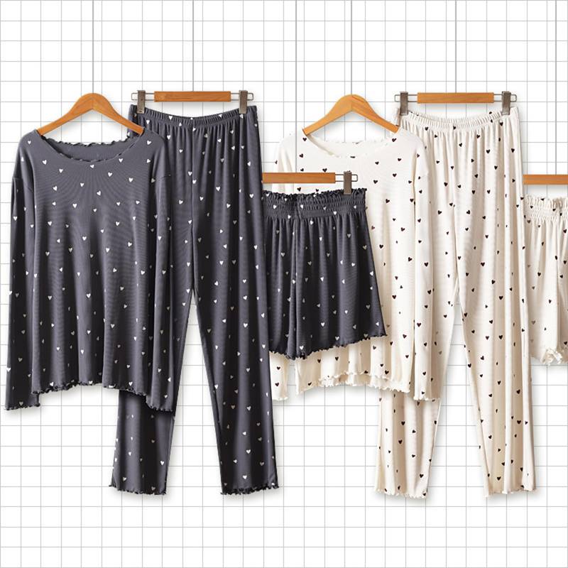 パジャマ 春 夏 ハート柄 レディース ルームウェアセット 上下セット 快適 吸汗 通気 ソフト 便利服 部屋着 ラウンドネック プルオーバープル カジュアル ゆったり ストレッチ 外出着 グレー2点