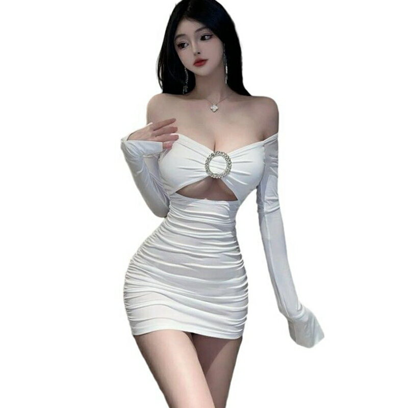 タイトワンピース クラブドレス カシュクール vネック 胸結び ミニドレス 長袖 フェミニン きれい シン..