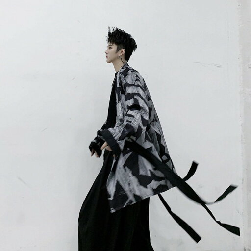 開襟シャツ メンズ 暗黒系 原宿風 和式カーディガン 個性 折り襟 ベルト飾り リボン 長袖 春夏着 ミドル丈 ストリート系 おしゃれ 羽織 カジュアル 学生 夏服 薄手 和式襟 かっこいい ゆったり