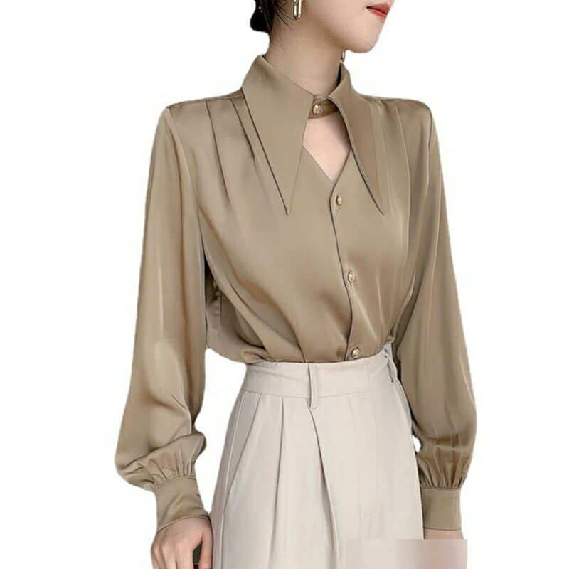 パフスリーブ ブラウス サテン レディース vネック 前開き スタンドカラー 長そで シャツ プルオーバー 体型カバー 無地 柔らか 大人可愛い フェミニン OL風 オフィス 通勤通学 クラシカル 薄
