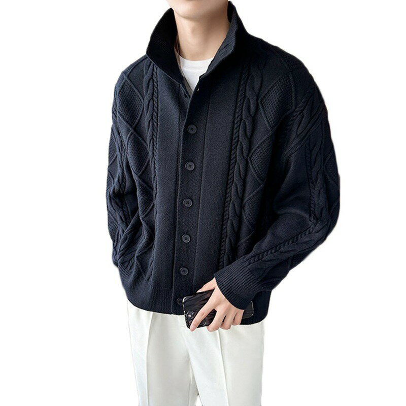 カーディガン ニット メンズ 長袖 厚手 ケーブル編み 前開き ゆったり 暖かい 防寒 秋冬 無地 立ち襟 柔らかい あったか ボタンカーディガン カーデ アウター 上着 トップス