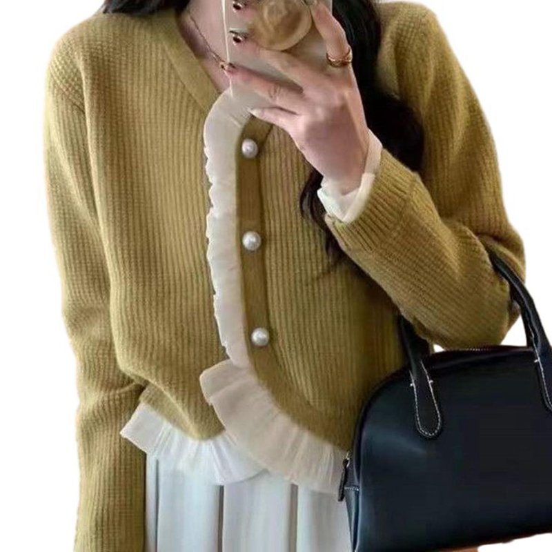 ニット カーディガンフリル レース パールボタン レディース 前開き セーター 姫系 可愛い アウター 春..