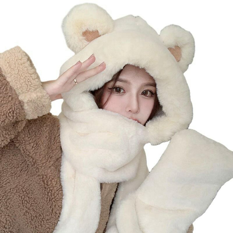 フード付きマフラー 3in1 一体型 くま耳 レディース 女の子 手袋 ミント 萌え萌え 可愛い 保温性良い ..