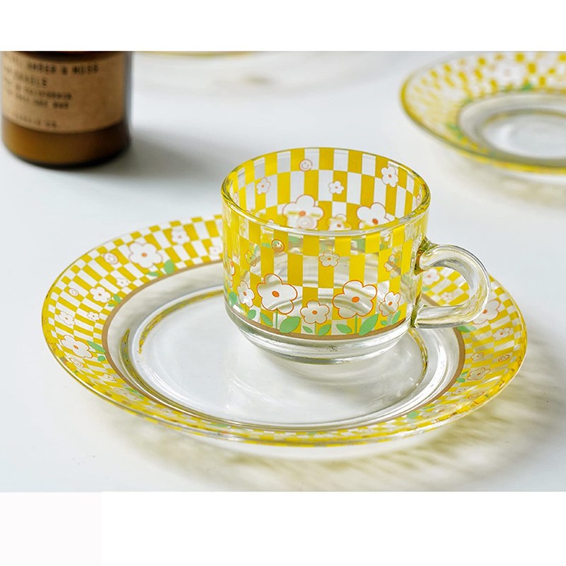 カップ&ソーサー セット ガラス クリア コーヒーカップセット 紅茶 お花 チューリップ イエロー ピンク..