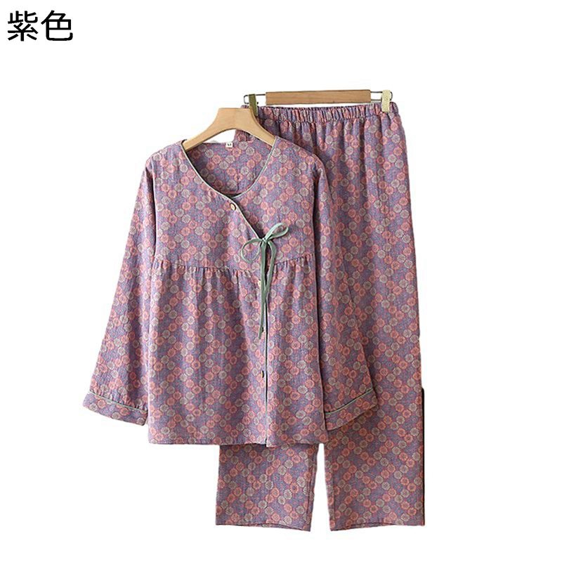レディース パジャマ 寝間着 ルームウェア 2点セット 綿100 がーぜ 小花柄 ひも付き ハイウエスト 丸首 和風 和式 春 夏 秋 寝巻き ナイトウェア 肌に優しい 静電気防止 ゆったり 可愛い