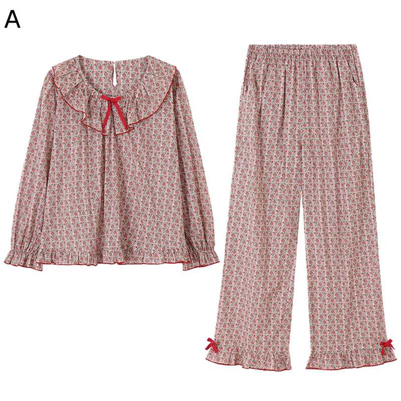 パジャマセット レディース 上下セット 綿100 コットン 小花柄 リボン ドール感 レトロ 長袖 ロングパ..