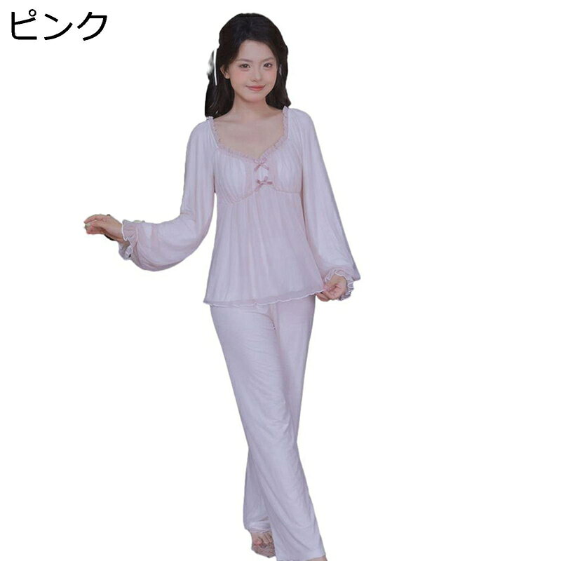 パジャマ レディース 上下セット モダール 胸パッド付き ピンク ブルー リボン 姫系 ルームウェア 寝間..
