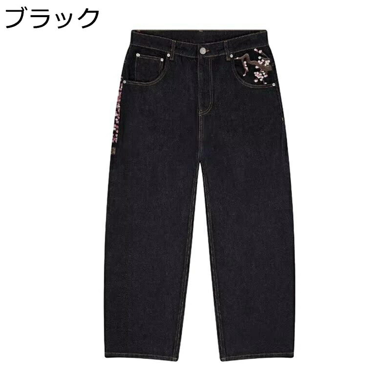 ジーンズ 梅花刺繍 Y2K メンズ ワイドデニムパンツ ビッグシルエット バギージーンズ デザインセンス ..