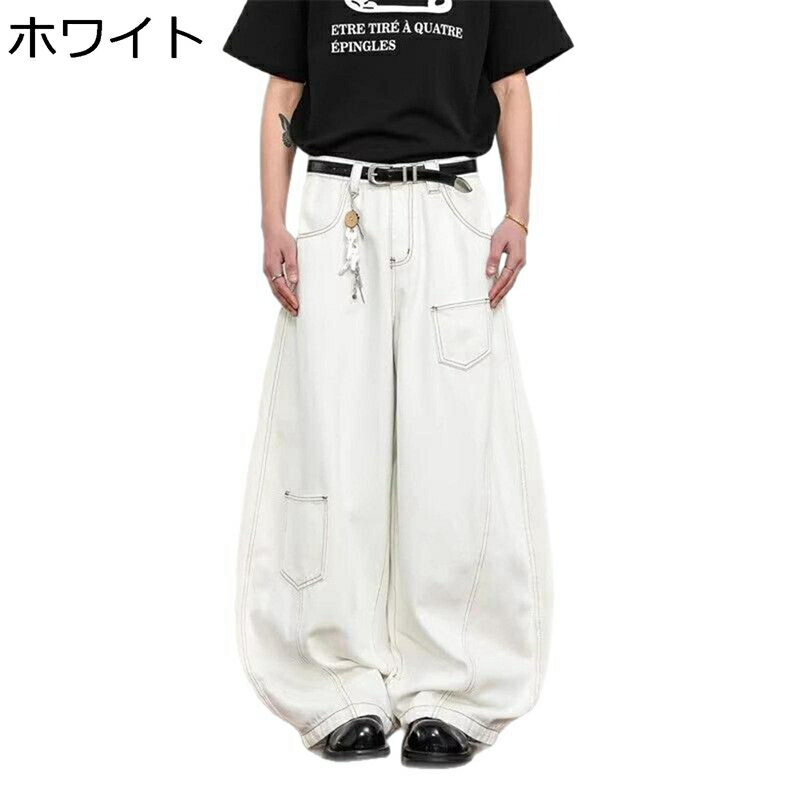 ホワイト ワイドデニムパンツ メンズ 白ジーンズ ウォッシュ加工 ビッグシルエット ルーズ ゆったり 大きいサイズ カジュアル Gパン 前開きジッパー バギーロングパンツ 秋冬 体型カバー 男女兼用