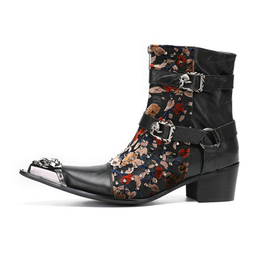 花柄刺繍 ウエスタンブーツ チェルシーブーツ メンズ サイドジッパー 西部 紳士靴 アンクルブーツ ハイカット 美脚 細め ヴィンテージ 欧米風 四季着用 革靴 快適 散歩 カジュアル