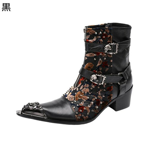 花柄刺繍 ウエスタンブーツ チェルシーブーツ メンズ サイドジッパー 西部 紳士靴 アンクルブーツ ハイカット 美脚 細め ヴィンテージ 欧米風 四季着用 革靴 快適 散歩 カジュアル