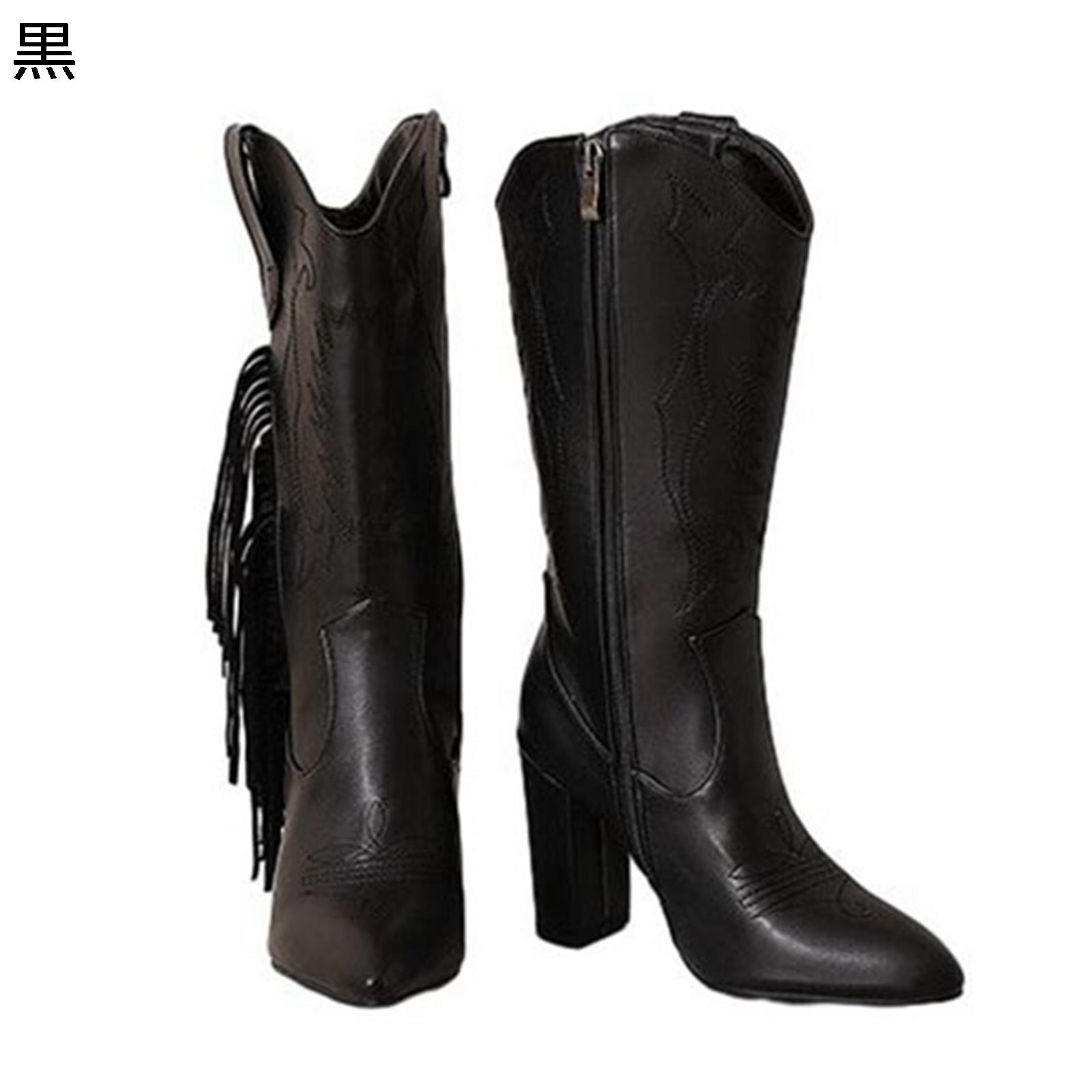 レディース ウエスタンブーツ ?士靴 ニーハイ 乗馬ブーツ レトロ 復古 タッセル 刺繍 乗馬騎士ハイブーツ 秋冬 9cmハイヒール 滑りにくい カウガール 欧...